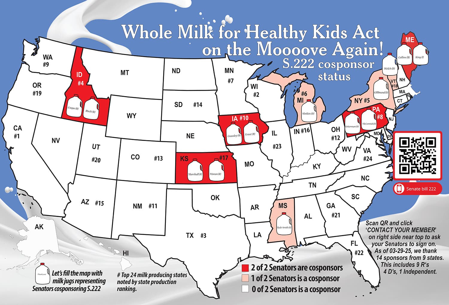 Map of U.S. Senate support for whole milk in schools legislation