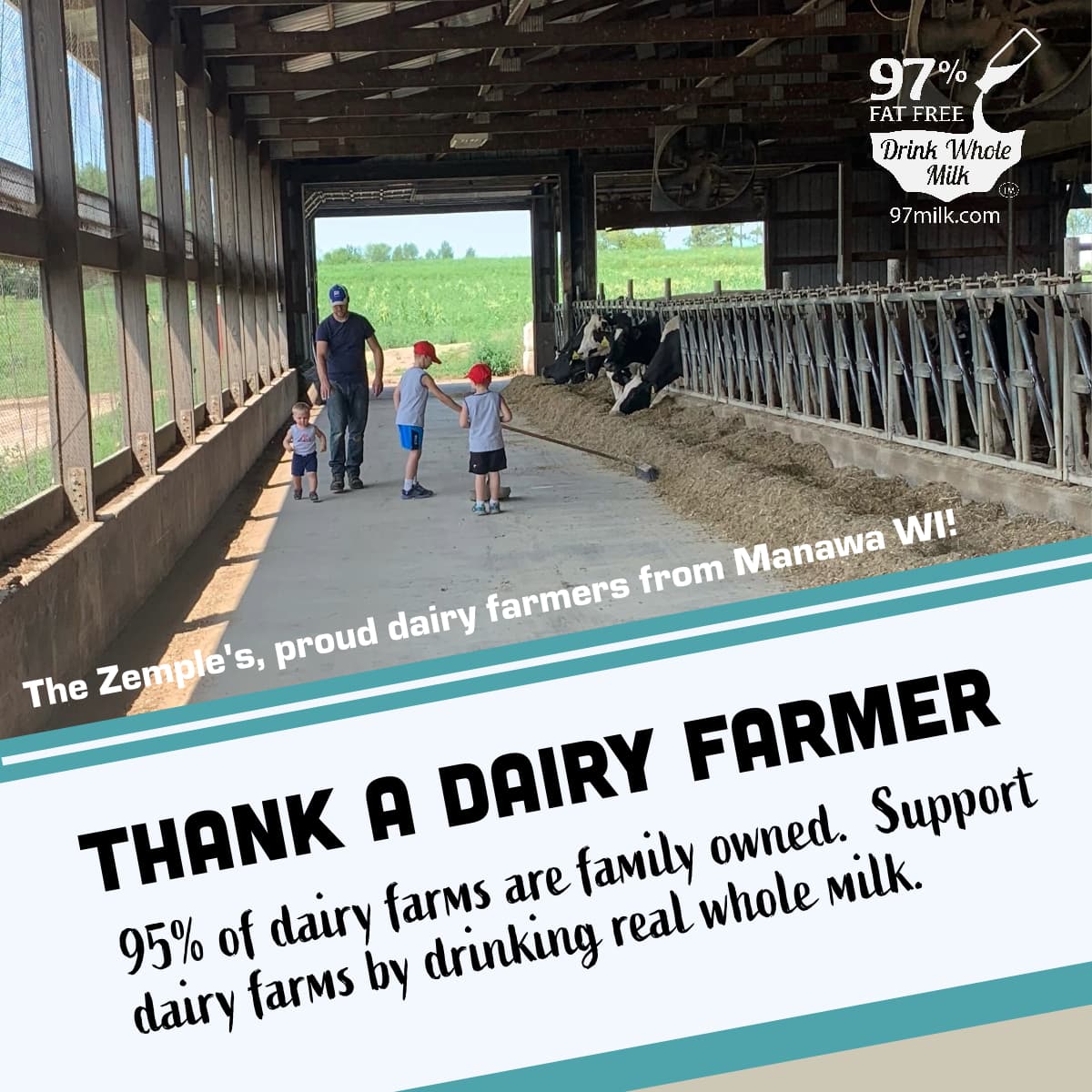 The Zemple family of dairy farmers from Manawa, Wisconsin, walking through a barn with cows